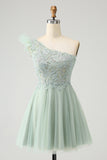 Dusty Sage A Line One Shoulder Short Homecoming Dress with Beading