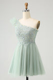 Dusty Sage A Line One Shoulder Short Homecoming Dress with Beading