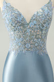 Sparkly Dusty Blue Bodycon Beaded Floral Satin Homecoming Dress
