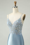 Sparkly Dusty Blue Bodycon Beaded Floral Satin Homecoming Dress