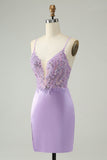 Glitter Purple V Neck Tight Sequined Appliques Homecoming Dress with Slit