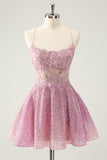 Sparkly Dark Pink A Line Beaded Corset Short Homecoming Dress with Appliques