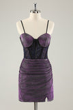 Glitter Dark Purple Pleated Corset Short Homecoming Dresses with Lace Up Back