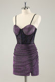 Glitter Dark Purple Pleated Corset Short Homecoming Dresses with Lace Up Back