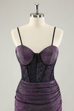 Glitter Dark Purple Pleated Corset Short Homecoming Dresses with Lace Up Back