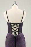 Glitter Dark Purple Pleated Corset Short Homecoming Dresses with Lace Up Back