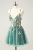 Glitter Grey Green A Line Spaghetti Straps Sequins Homecoming Dresses with Appliques