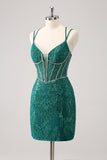 Glitter Dark Green Corset Spaghetti Straps Short Tight Homecoming Dresses