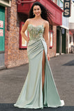 Stylish Sage Mermaid Pleated Sparkly Sequin Corset Long Prom Dress With High Slit