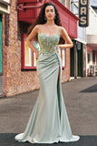 Stylish Sage Mermaid Pleated Sparkly Sequin Corset Long Prom Dress With High Slit