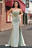 Stylish Sage Mermaid Pleated Sparkly Sequin Corset Long Prom Dress With High Slit