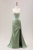 Stylish Sage Green Mermaid Pleated Sequin Corset Long Prom Dress With Slit