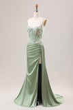 Stylish Sage Green Mermaid Pleated Sequin Corset Long Prom Dress With Slit