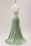 Stylish Sage Mermaid Pleated Sparkly Sequin Corset Long Prom Dress With High Slit