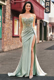 Stylish Sage Mermaid Pleated Sparkly Sequin Corset Long Prom Dress With High Slit