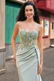 Stylish Sage Mermaid Pleated Sparkly Sequin Corset Long Prom Dress With High Slit