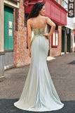 Stylish Sage Mermaid Pleated Sparkly Sequin Corset Long Prom Dress With High Slit