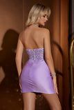 Sparkly Lilac Tight Strapless Corset Ruched Short Homecoming Dress with Appliques