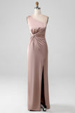 Dusty Rose Mermaid One Shoulder Pleated Satin Bridesmaid Dress With Slit