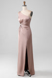 Dusty Rose Mermaid One Shoulder Pleated Satin Bridesmaid Dress With Slit