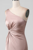 Dusty Rose Mermaid One Shoulder Pleated Satin Bridesmaid Dress With Slit