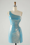 Sparkly Blue Tight One Shoulder Hollow Out Pleated Metallic Homecoming Dress With Slit