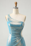 Sparkly Blue Tight One Shoulder Hollow Out Pleated Metallic Homecoming Dress With Slit