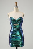 Chic Teal Blue Strapless Keyhole Pleated Tight Homecoming Dress