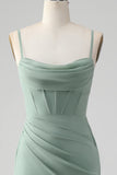 Grey Green Mermaid Spaghetti Straps Corset Long Bridesmaid Dress with Slit