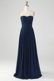 Navy A Line Sweetheart Pleated Floor Length Bridesmaid Dress