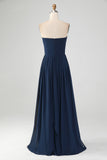 Navy A Line Sweetheart Pleated Floor Length Bridesmaid Dress