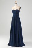 Navy A Line Sweetheart Pleated Floor Length Bridesmaid Dress