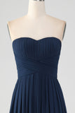 Navy A Line Sweetheart Pleated Floor Length Bridesmaid Dress