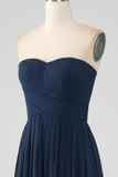 Navy A Line Sweetheart Pleated Floor Length Bridesmaid Dress