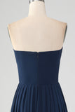 Navy A Line Sweetheart Pleated Floor Length Bridesmaid Dress