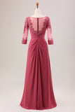 Terracotta A Line Pleated Applique Mother of the Bride Dress With Long Sleeves