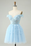 Light Blue A Line Off The Shoulder Corset Short Homecoming Dress with Sequins