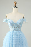 Light Blue A Line Off The Shoulder Corset Short Homecoming Dress with Sequins