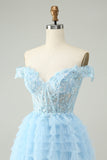 Light Blue A Line Off The Shoulder Corset Short Homecoming Dress with Sequins