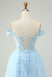 Light Blue A Line Off The Shoulder Corset Short Homecoming Dress with Sequins