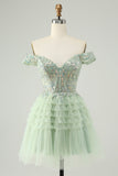 Sparkly Light Green A Line Off The Shoulder Corset Tulle Homecoming Dress with Sequins