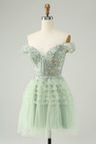 Sparkly Light Green A Line Off The Shoulder Corset Tulle Homecoming Dress with Sequins