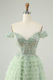 Sparkly Light Green A Line Off The Shoulder Corset Tulle Homecoming Dress with Sequins