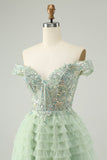 Sparkly Light Green A Line Off The Shoulder Corset Tulle Homecoming Dress with Sequins