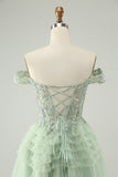 Sparkly Light Green A Line Off The Shoulder Corset Tulle Homecoming Dress with Sequins