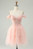 Blush A Line Off The Shoulder Corset Short Tulle Homecoming Dress