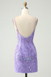 Sparkly Purple Tight Spaghetti Straps Short Homecoming Dress with Sequins