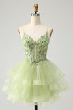 Sparkly Light Green A Line Spaghetti Straps Corset Short Tiered Homecoming Dress