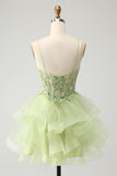 Sparkly Light Green A Line Spaghetti Straps Corset Short Tiered Homecoming Dress