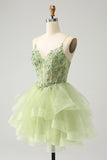 Sparkly Light Green A Line Spaghetti Straps Corset Short Tiered Homecoming Dress